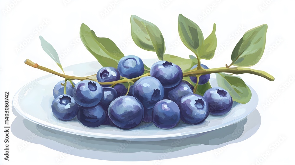 Fresh blueberries on the branch, arranged on a plate. A vibrant illustration perfect for culinary or healthy lifestyle themes. Fresh blueberries on the branch, arranged on a plate. A vibrant illustration perfect for culinary or healthy lifestyle themes.