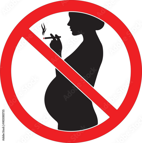 NO SMOKING sign concept. Crossed silhouette of smoking pregnant woman.