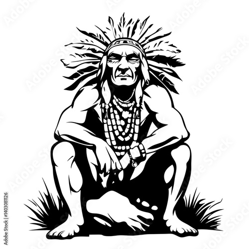 Native American Chief Sitting on Ground with Feathered Headdress and Tribal Jewelry