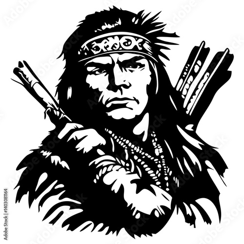 Native American Warrior Silhouette with Bow and Arrow for Tattoo and Graphic Design