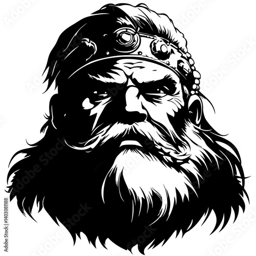 Detailed Vintage Warrior Face with Beard and Headband Graphic Design for Tattoo and Apparel