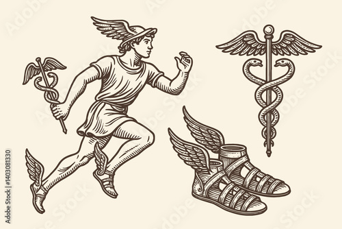 Engraved Hermes with winged sandals and caduceus set