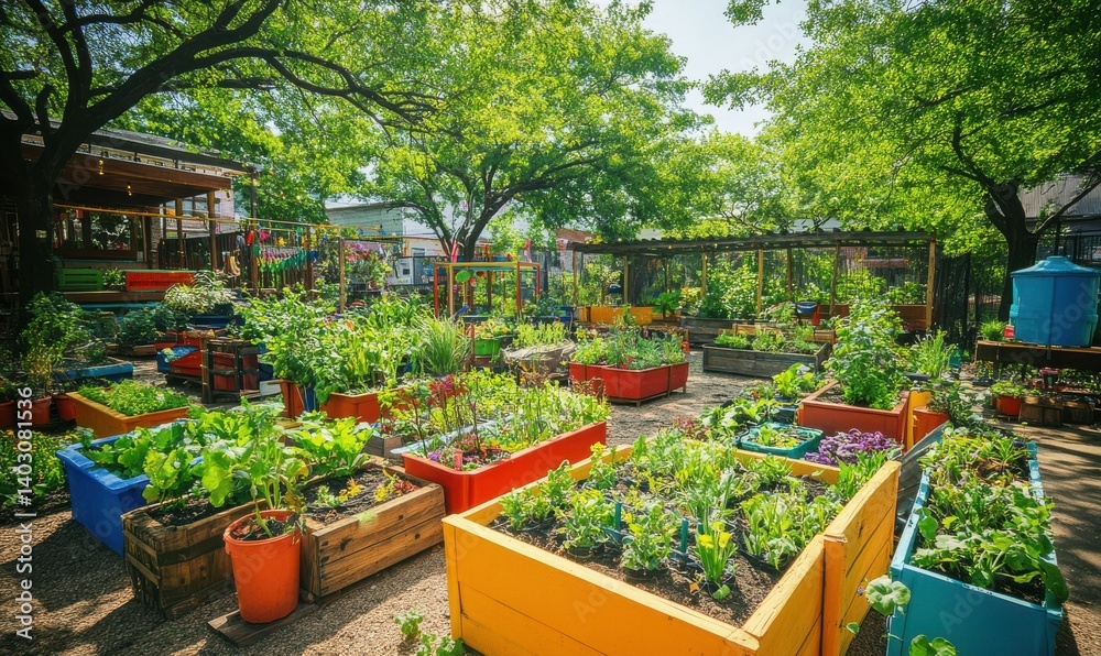 A vibrant community garden with diverse plants in colorful containers.