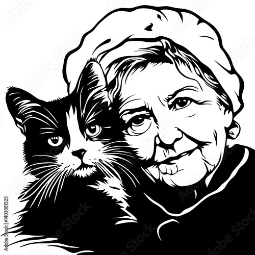 Elderly Woman Embracing Fluffy Black and White Cat Ideal for Home Decor and Pet Lovers