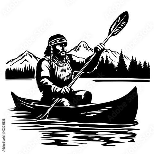 Indigenous Man Canoeing Through Mountain Lake Scenic Wilderness Adventure Illustration