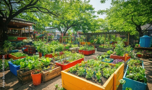 Obraz na płótnie A vibrant community garden with diverse plants in colorful containers. w salonie