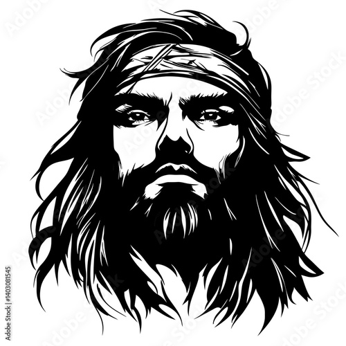 Bold Bearded Warrior Portrait with Long Hair and Headband for Tattoo and Graphic Design