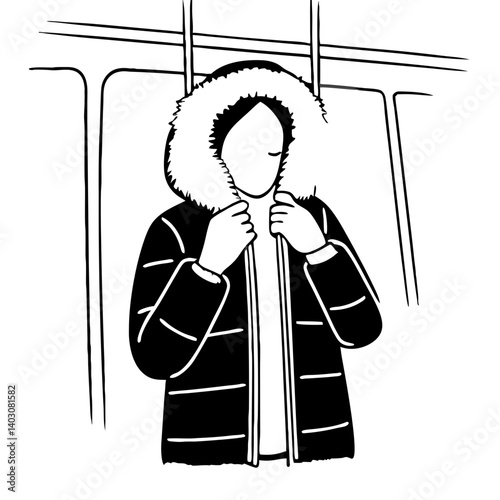 Stylish Person in Puffer Jacket on Public Transportation Interior Illustration