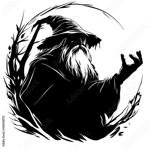 Mysterious Wizard with Long Beard and Hat Surrounded by Enchanting Nature Elements