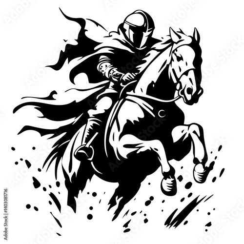 Knight on Horseback in Dynamic Action Scene for Fantasy Art and Tattoo Design