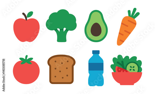 Set of icons: apple, broccoli, avocado, carrot, tomato, bread, bottle, salad.