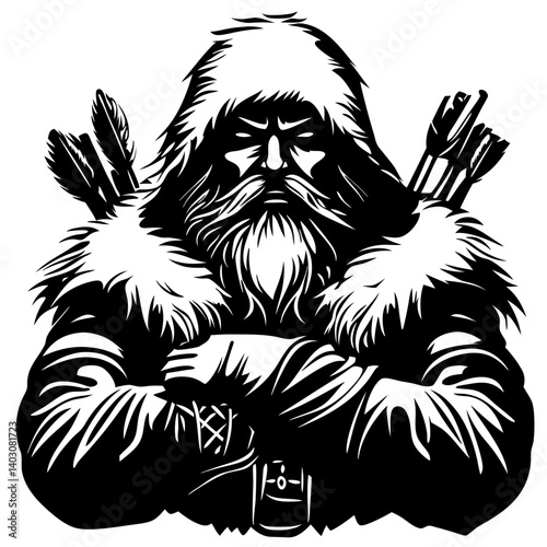 Fierce Winter Warrior with Fur Hood and Bow Arrows Perfect for Tattoo Design and Illustrations