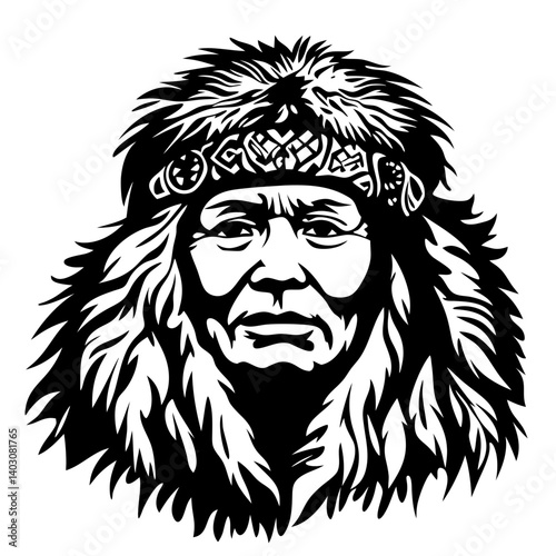 Detailed Vector Illustration of Indigenous Elder Wearing Traditional Feathered Headdress