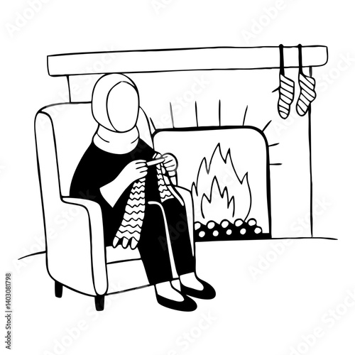Woman Knitting Cozy Scarf by Fireplace in Modern Living Room Illustration for Home Decor