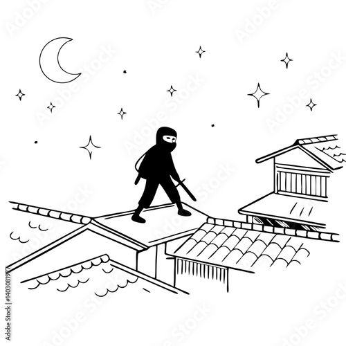 Ninja Silhouette Stealthily Walking on Rooftops Under Night Sky with Stars and Crescent Moon