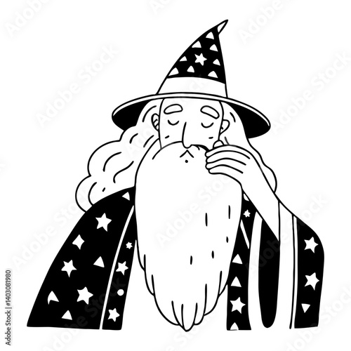 Enchanting Wizard Character with Long Beard and Starry Hat Ideal for Fantasy Illustration