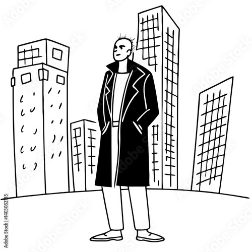 Stylish Man in Long Coat Standing Confidently in Urban Landscapeic City Skyline