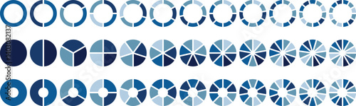 Pie chart set, segmented circle icons, circle diagram. Pie chart divided 1,2,3,4,5,6 equal parts. Color pizza or donut round diagram. Infographic wheel segment or sections parts. Vector illustration