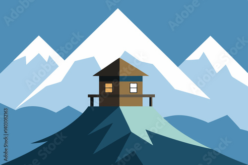 Snow-covered house in a serene winter mountain landscape with frosty trees under a clear sky, perfect for Christmas