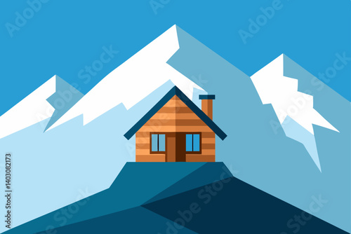 Snow-covered house in a serene winter mountain landscape with frosty trees under a clear sky, perfect for Christmas