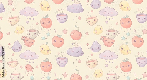Colorful and whimsical pattern featuring cute fruits, smiling clouds, and cheerful cups set against a light background Generative AI
