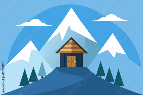 Snow-covered house in a serene winter mountain landscape with frosty trees under a clear sky, perfect for Christmas
