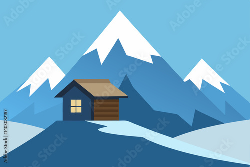 Snow-covered house in a serene winter mountain landscape with frosty trees under a clear sky, perfect for Christmas