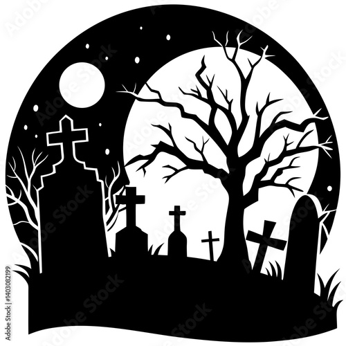 A graveyard scene with headstones and a full moon, vector silhouette