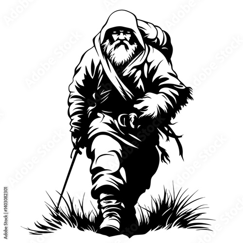 Adventurous Bearded Wanderer Trekking Through Wilderness with Staff in Nature