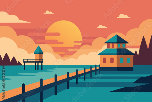 Tropical luxury resort bungalows over the turquoise lagoon at sunset