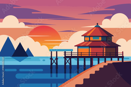 Luxurious tropical resort with overwater bungalows at sunset over the clear ocean and a vibrant sky