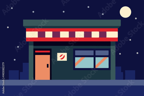 A charming cartoon Christmas night city street scene with a festive house and shop illustration
