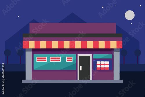 A charming cartoon Christmas night city street scene with a festive house and shop illustration