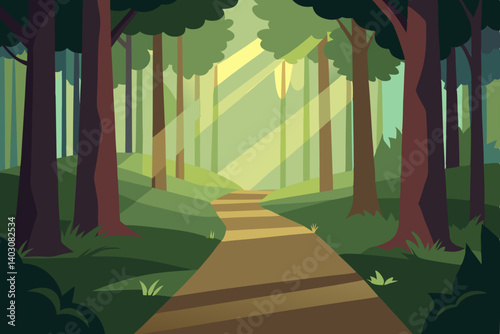 Green summer landscape with a road through the forest leading to a distant city skyline under a clear sky