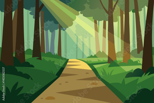Green summer landscape with a road through the forest leading to a distant city skyline under a clear sky