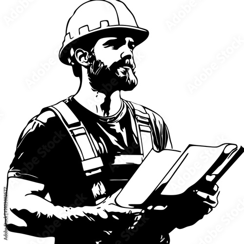 Construction Worker Holding Blueprints in Safety Helmet and Overalls Vector Illustration