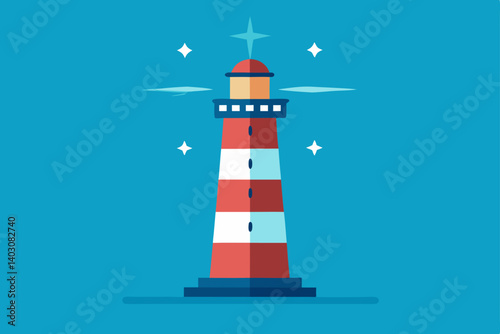 An iconic white lighthouse stands on an island coast under a bright blue sky, guiding ships with its beacon