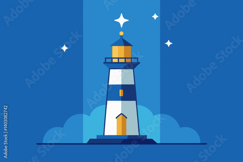 An iconic white lighthouse stands on an island coast under a bright blue sky, guiding ships with its beacon