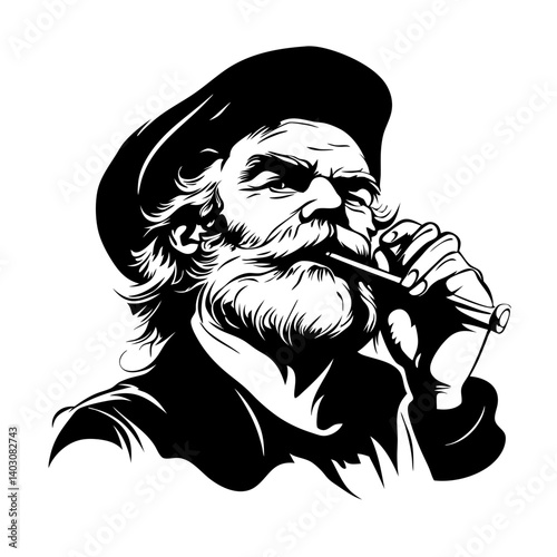 Confident Elderly Man Portrait Playing Flute in Vintage Style for Tattoo and Coloring Art