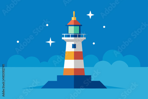 An iconic white lighthouse stands on an island coast under a bright blue sky, guiding ships with its beacon
