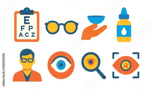 Set of eye chart, glasses, lens, eyedrops, doctor, eyes, magnifier, and focus icon.