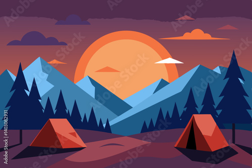 Desert mountain landscape vector illustration with pyramids and sun