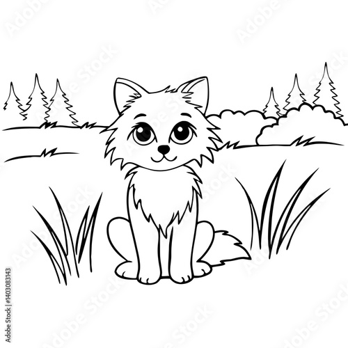 Cute Playful Fox Character Sitting in a Field Surrounded by Trees and Grass Ideal for Coloring
