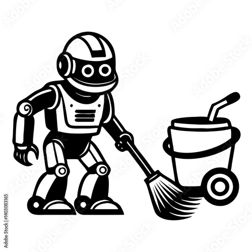 Robot Cleaning Character with Broom and Bucket Perfect for Illustration and Coloring Projects