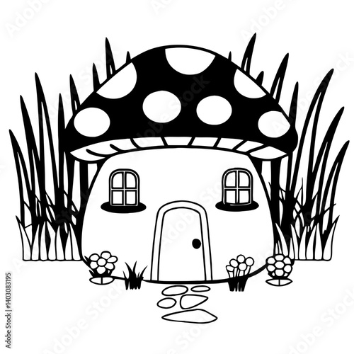 Whimsical Mushroom House Surrounded by Grass and Flowers Ideal for Coloring Book Design