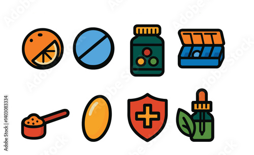 Set: Vitamin C, tablet, bottle, pill organizer, scoop, capsule, shield, dropper.