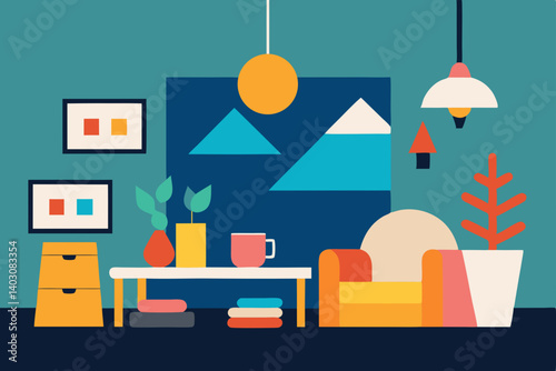 Vector illustration of a comfortable living room interior with sofa, armchair, and home furniture design