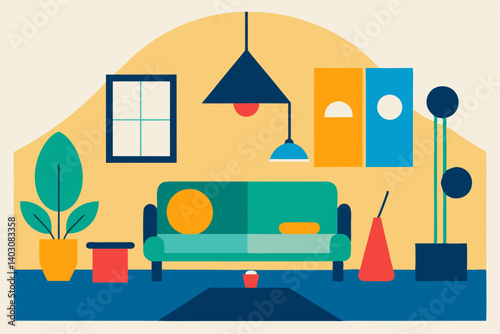 Vector illustration of a comfortable living room interior with sofa, armchair, and home furniture design