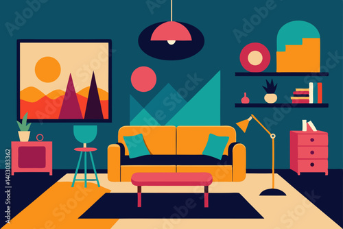Vector illustration of a comfortable living room interior with sofa, armchair, and home furniture design