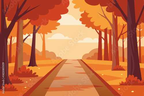 Autumn park landscape with colorful fall trees and a sunset sky illustration